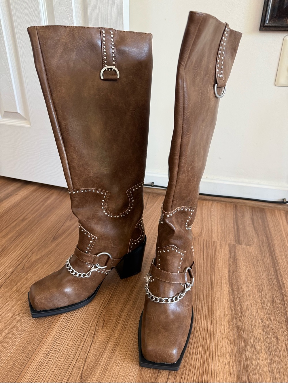 Nashville Vintage Brown Western Studded Block Heel Knee High Boot